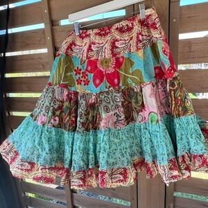 Patchwork Boho Festival Skirt Cotton Tiered Hippie Peasant Planet Gold L